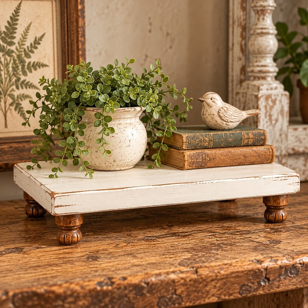 Distressed White Wood Riser Pedestal Stand with Metal Feet 10x7.25 Farmhouse